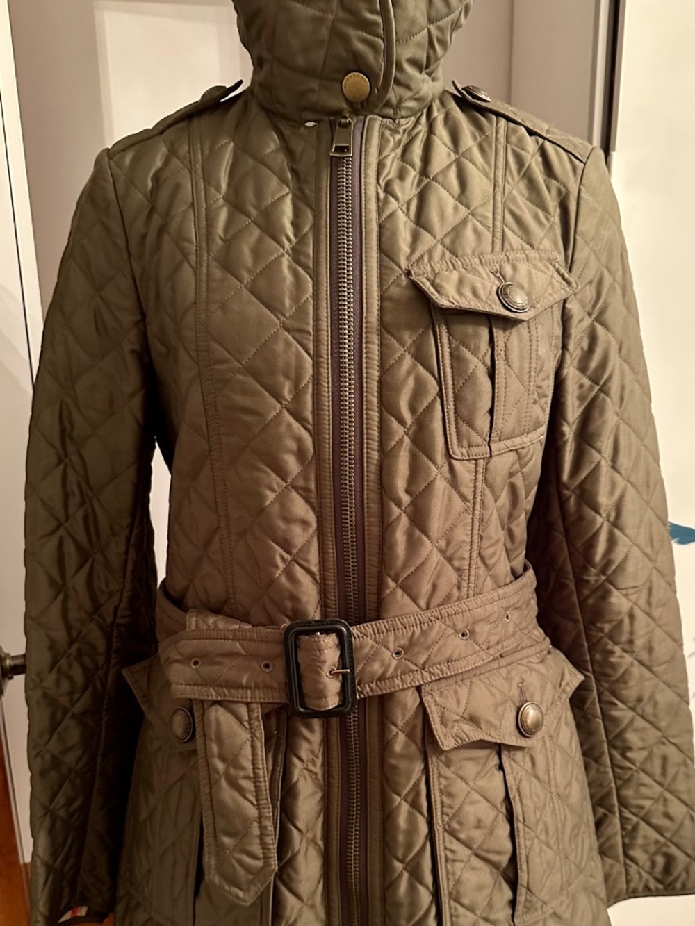Burberry Brit olive green quilted diamond pattern coat #burberry #quilted #size